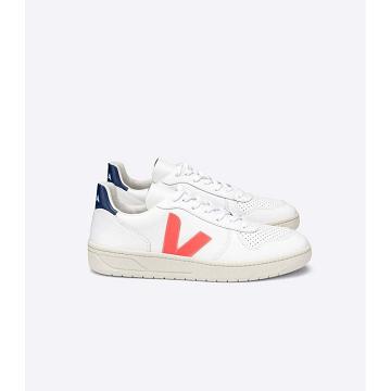 Αθλητικά Παπούτσια γυναικεια Veja V-10 LEATHER White/Orange/Blue | GR 646JPQ